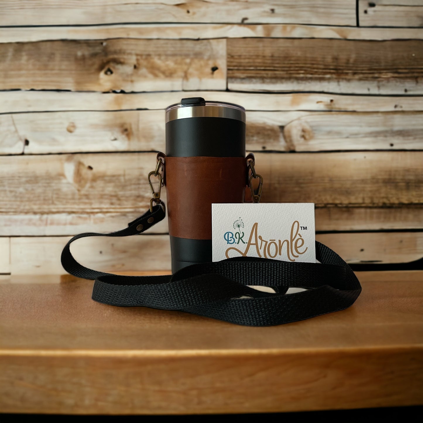 Distressed Dark Brown Leather Crossbody Tumbler Holder With or Without Acrylic or Stainless Steel Tumbler